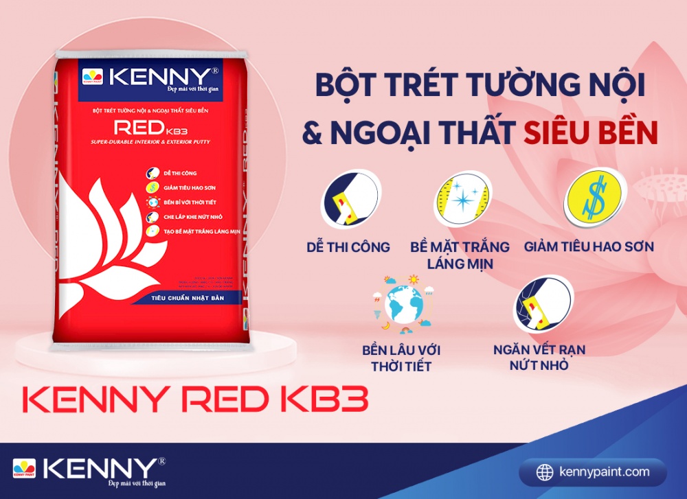 Bột trét tường nội ngoại thất KENNY RED KB3 Siêu Bền che lấp được các khe nứt nhỏ