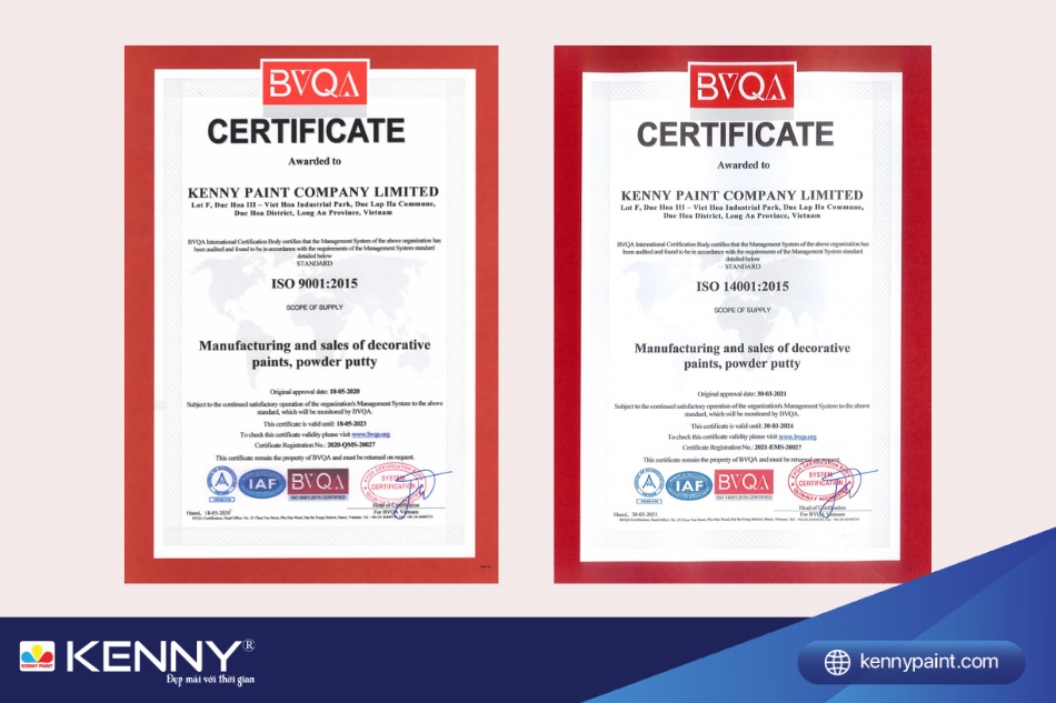 Sơn KENNY đạt chứng nhận ISO 9001:2015 và ISO 14001:2015