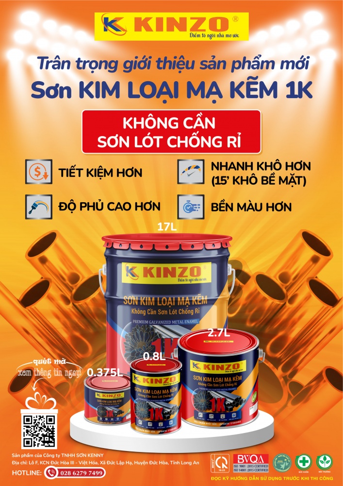 Sơn KENNY - Điểm tô ngôi nhà mơ ước Sơn kim loại Mạ Kẽm KINZO - 1 Thành phần có thời gian khô nhanh, bám dính tốt
