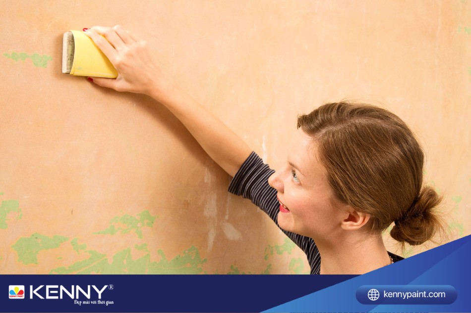 Sử dụng giấy nhám để làm phẳng bề mặt tường nếu cần thiết