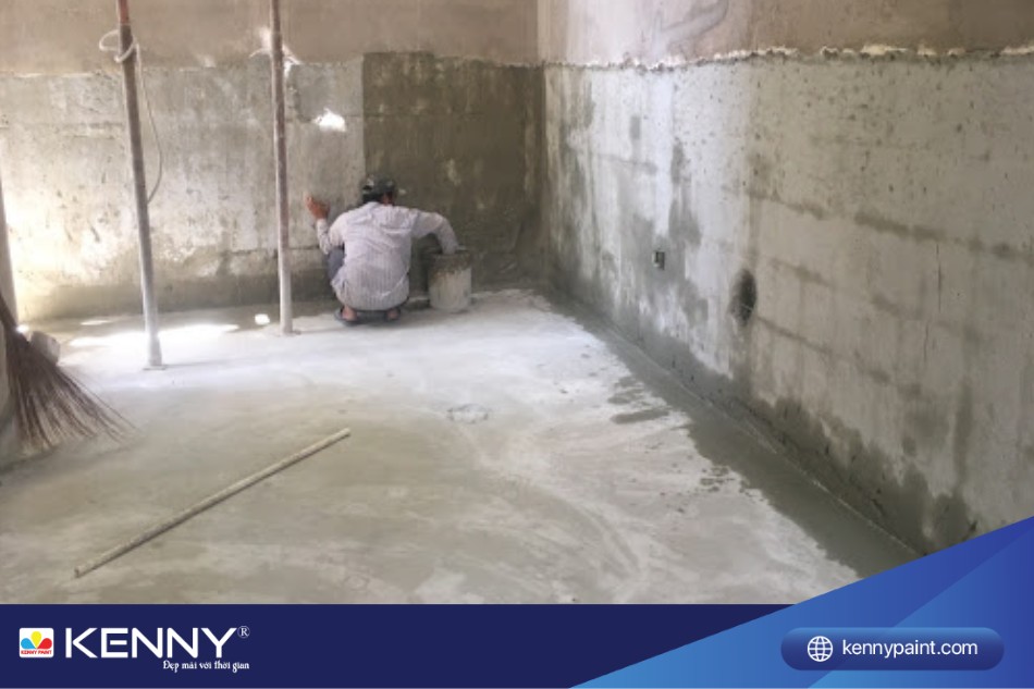 Dùng vữa chát lên bề mặt vách ngoài tầng hầm