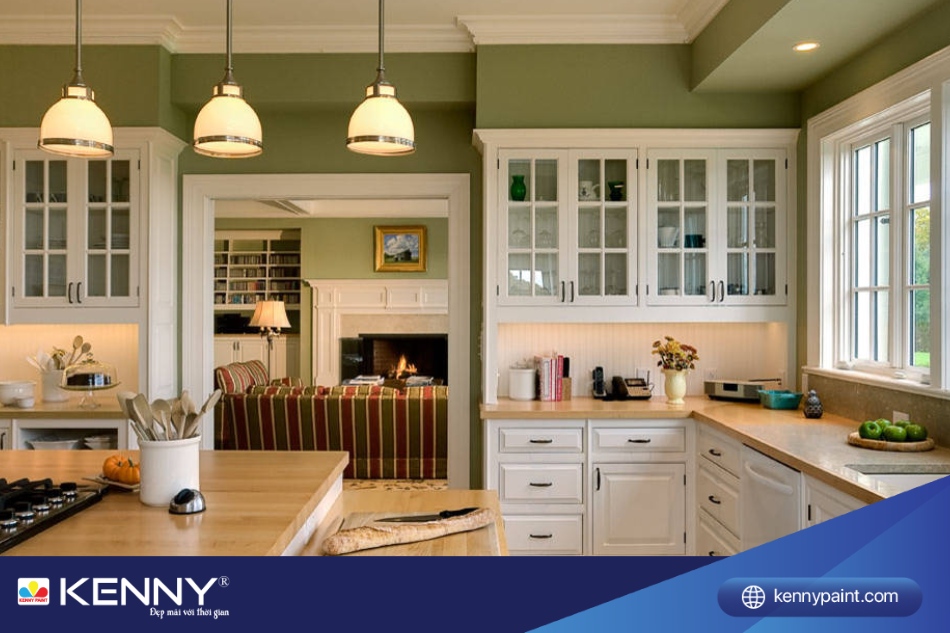 Olive green rất phù hợp cho phòng bếp hoặc phòng ăn, nơi mà sự ấm cúng và gần gũi được đề cao