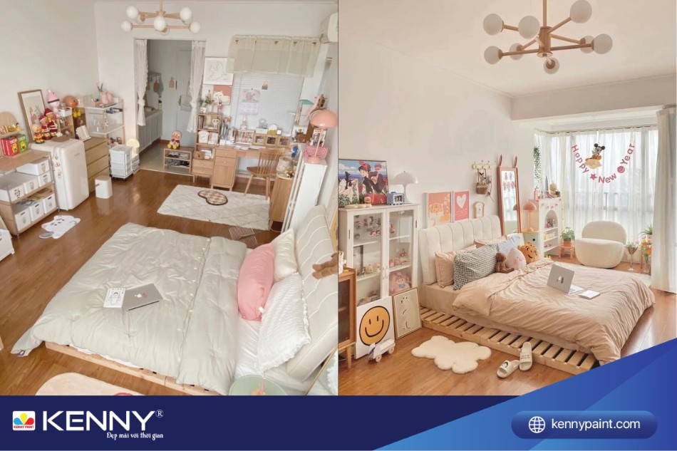 Sử màu nội thất màu sắc nhẹ nhàng làm căn phòng thêm chill