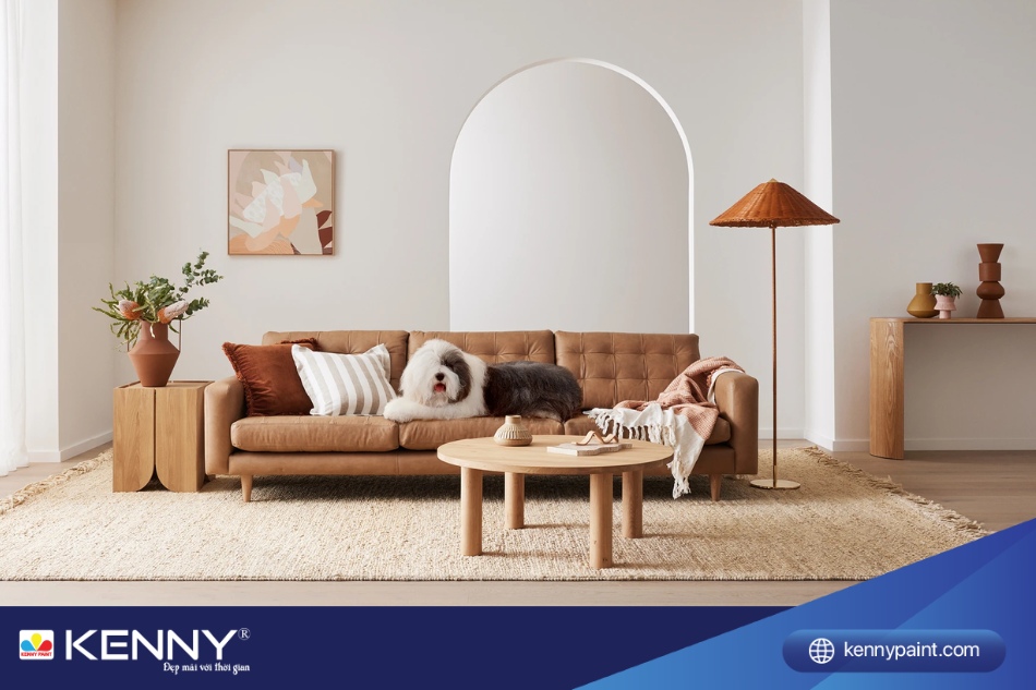 Không gian phòng khách gần gũi và dễ chịu với nội thất màu nâu và tường trắng ngọc trai