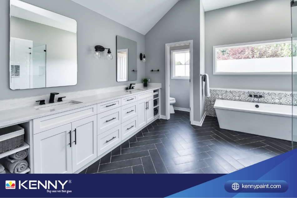 Bạn có thể sơn màu trắng xám kết hợp thêm các phụ kiện cho không gian phòng tắm