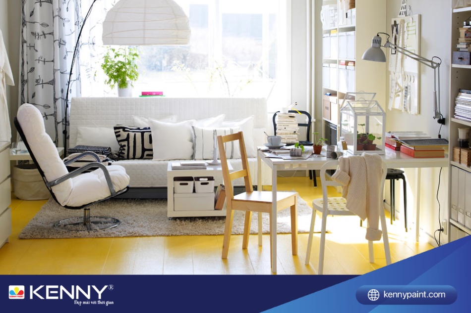 Nền nhà màu vàng kết hợp với sơn tường nhà màu trắng cho phòng khách
