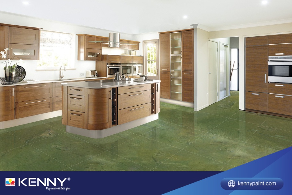 Nền nhà màu xanh ngọc nên sơn tường màu gì? Trắng và xanh ngọc kết hợp trong phòng bếp sẽ giúp không gian luôn tươi mới và mát mẻ.