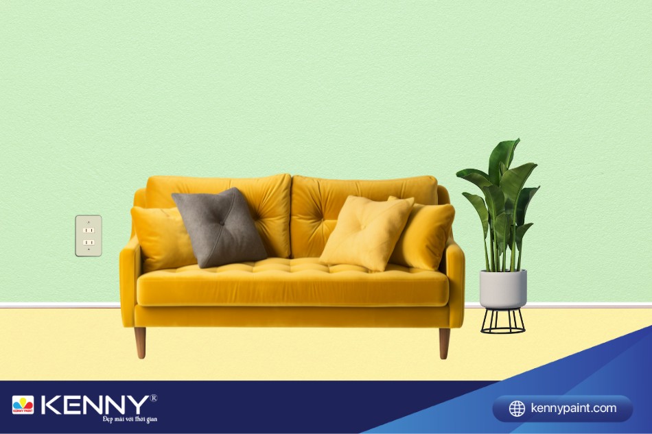 Nền màu vàng và tường màu xanh lá nhạt tạo nên cảm giác tươi mới