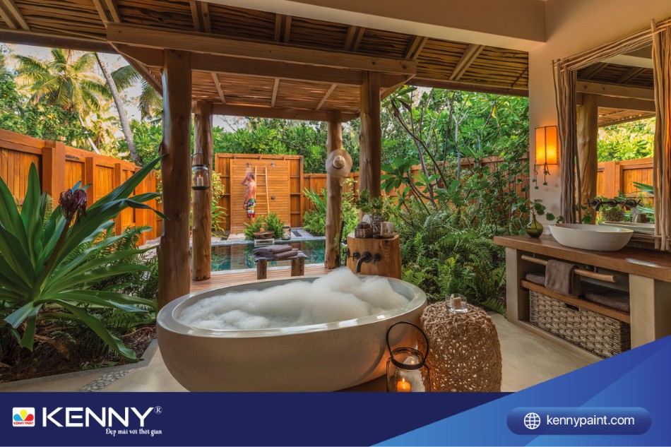 Nhà tắm lộ thiên phong cách cổ điển giúp bạn thấy thư giãn, gần gũi