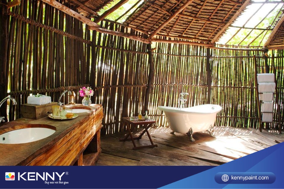 Vật liệu thiên nhiên tạo nên phong cách đồng quê cho nhà tắm ngoài trời