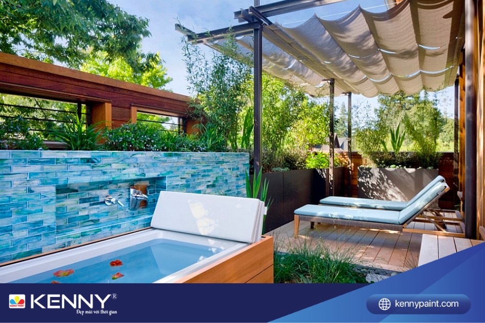 Nhà tắm lộ thiên phong cách hiện đại thường xuất hiện ở các công trình villa