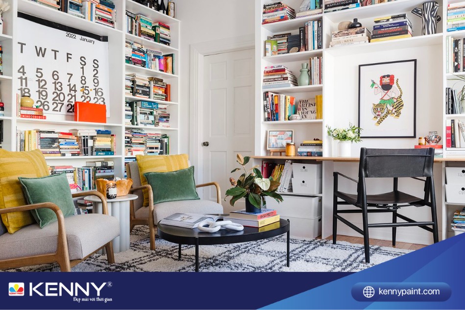 Phòng đọc sách hiện đại với màu sắc tươi sáng