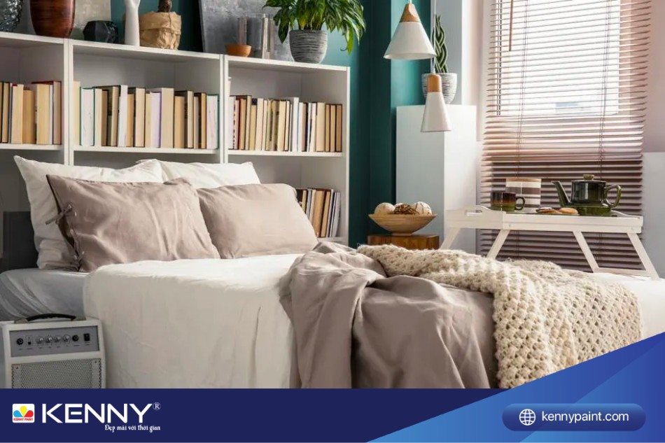 Giường kết hợp kệ sách cho phòng ngủ ngang 2m, 2m2