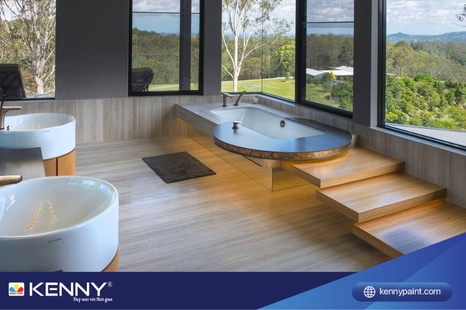 Sự hài hòa nhưng không kém phần nổi bật trong phòng tắm