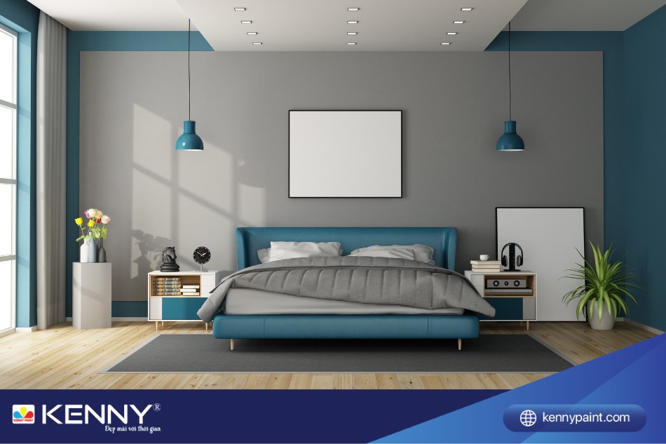 Phòng ngủ 2 màu xanh dương và xám mang đến cảm giác sang trọng, tinh tế