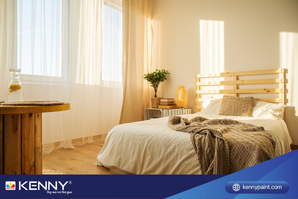 Tông màu be kem nhẹ nhàng mang lại sự ấm cúng, thư giãn cho phòng ngủ