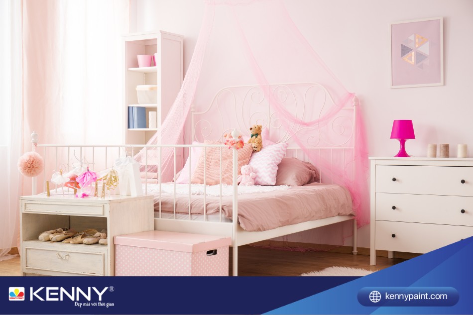 Phòng ngủ sơn màu be hồng xinh xắn tạo cảm giác ngọt ngào và ấm áp