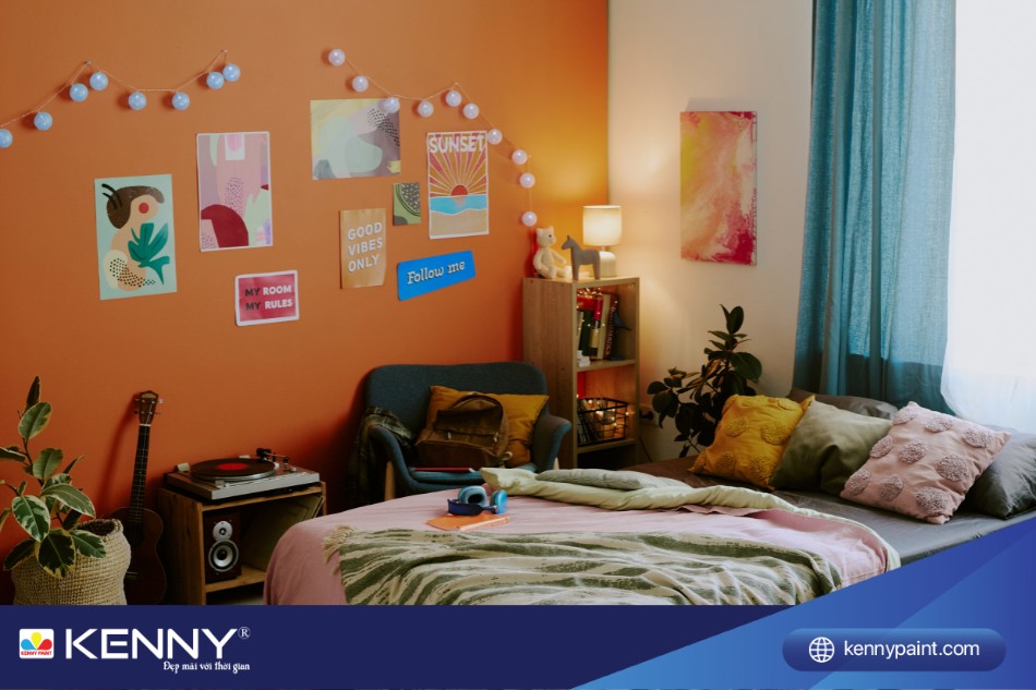 Trang trí phòng ngủ cùng màu cam kết hợp phong cách Boho đầy cá tính