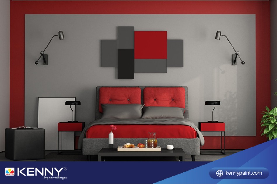 Xám và đỏ khi kết hợp tạo cho phòng ngủ cảm giác tinh tế, cân bằng