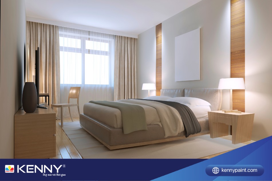 Phòng ngủ màu nâu be nhẹ nhàng, tối giản và thanh lịch