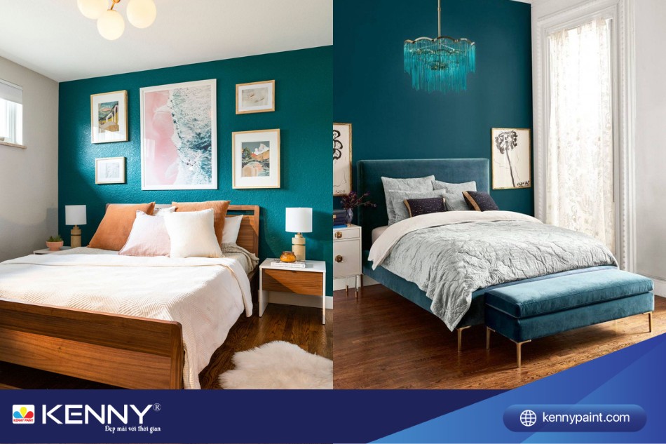Phòng ngủ màu xanh cổ vịt kết hợp nội thất gỗ ấm áp, tinh tế