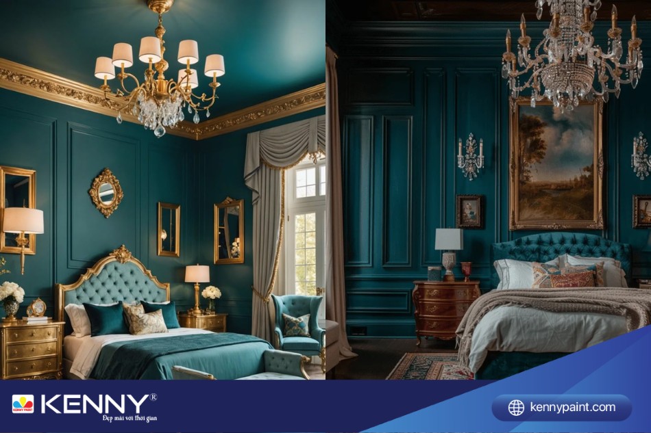 Điểm nhấn vàng đồng giúp tôn lên sự cao cấp cho phòng ngủ màu xanh cổ vịt