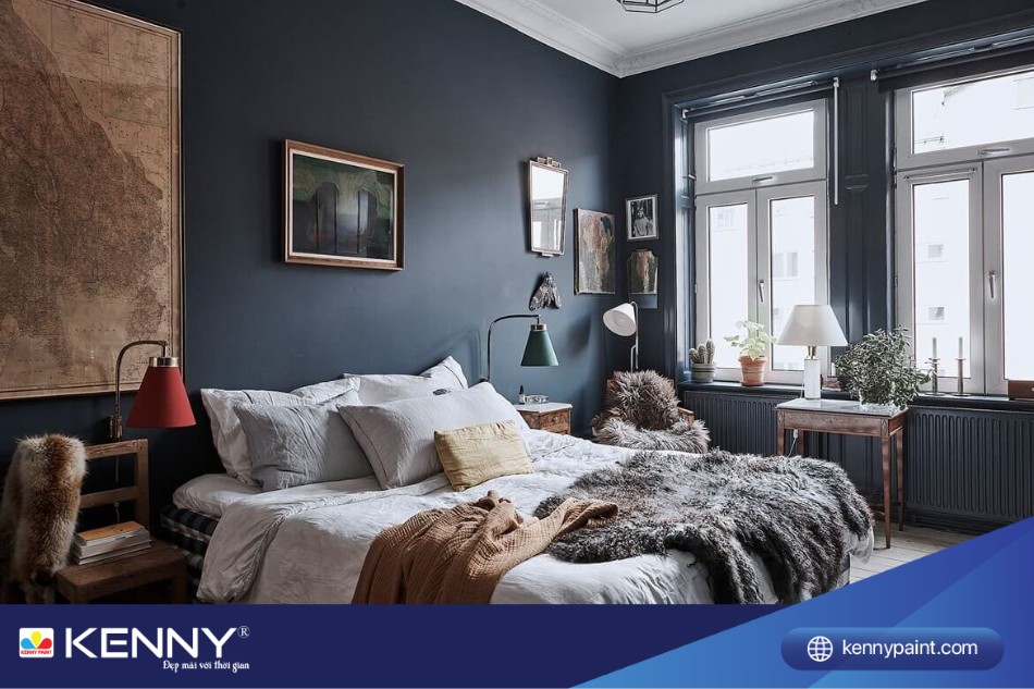 Màu xanh dương kết hợp nội thất cổ điển tạo nên phong cách vintage đặc biệt