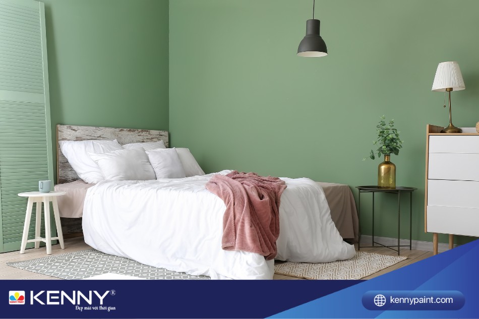Phòng ngủ trang nhã với tường sơn màu xanh lá pastel