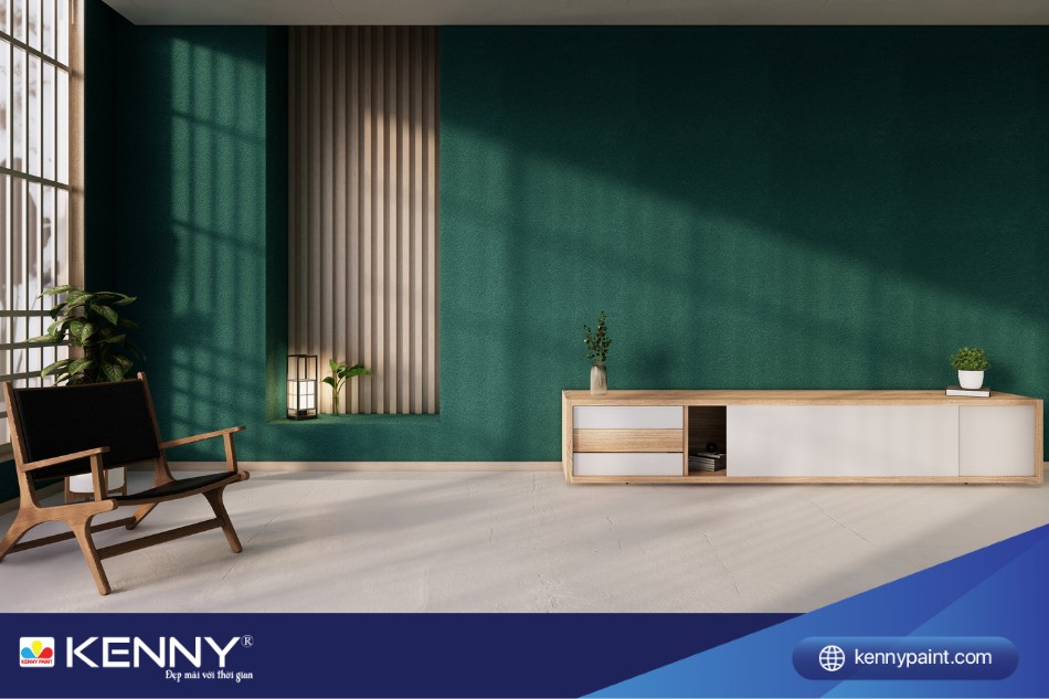 Không gian phòng ngủ với tường sơn màu xanh lá đậm sang trọng, hiện đại