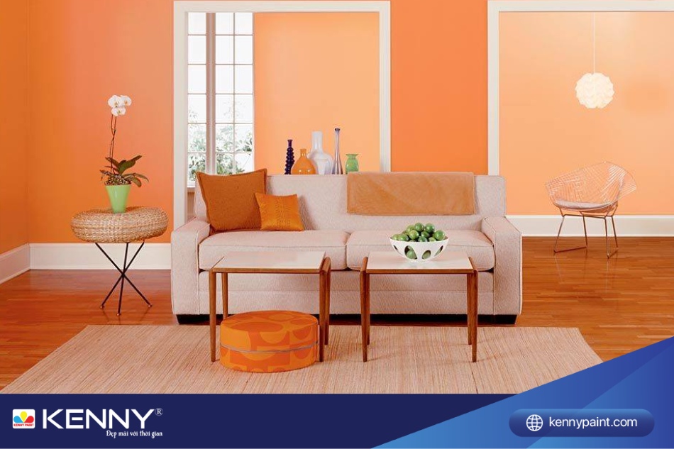 Chọn sơn nhà màu cam đào để tạo không gian phòng khách ấm cúng, gắn kết tình cảm trong gia đình
