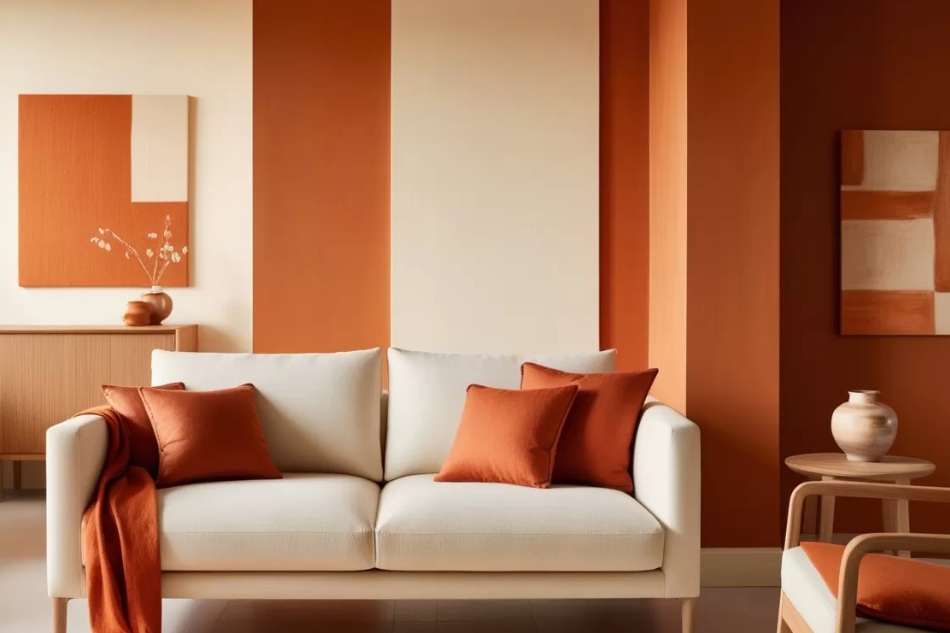 Kết hợp với nội thất sáng màu như trắng hoặc kem để làm nổi bật sơn tường màu cam đất
