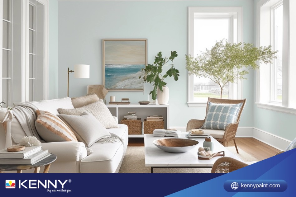 Lựa chọn màu sơn trắng ánh xanh nhạt sẽ giúp phòng khách trông rộng rãi hơn và tạo cảm giác thoáng mát.