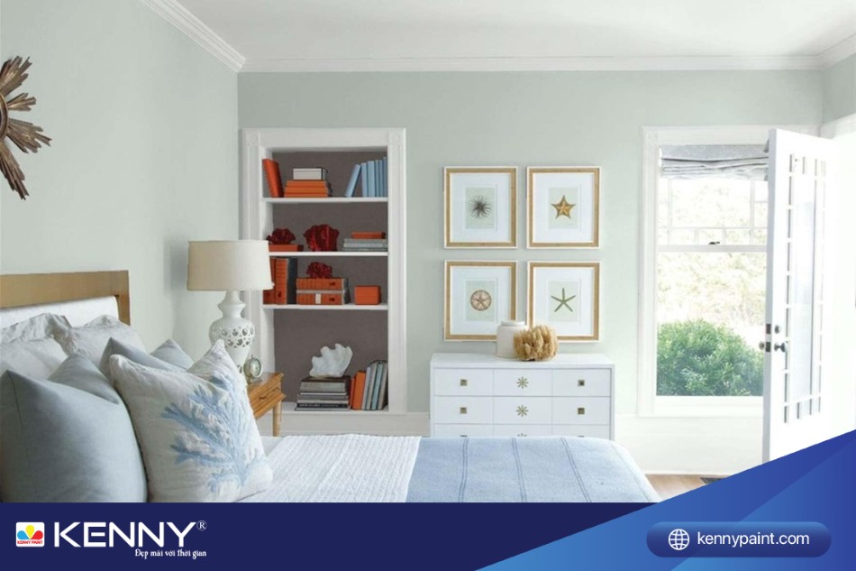 Sơn tường màu trắng xanh cho phòng ngủ