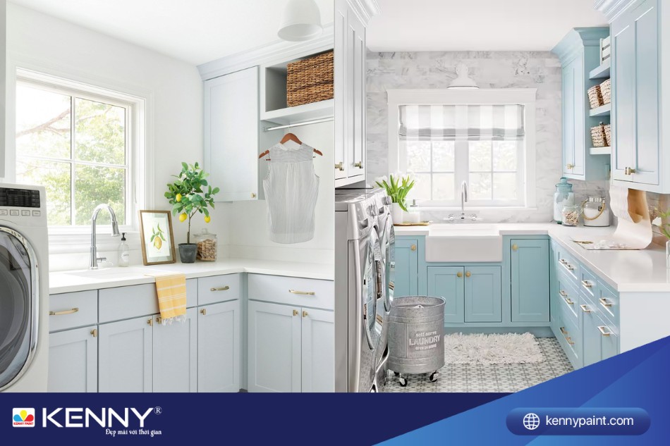 Phòng bếp nhìn sạch sẽ, thoáng đãng nhờ sơn tường màu trắng ánh xanh