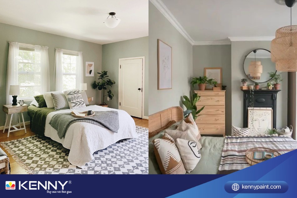 Độ sáng tối của màu sơn tạo ra sự đối lập hài hòa giữa màu xanh lá nhẹ phủ khắp căn phòng