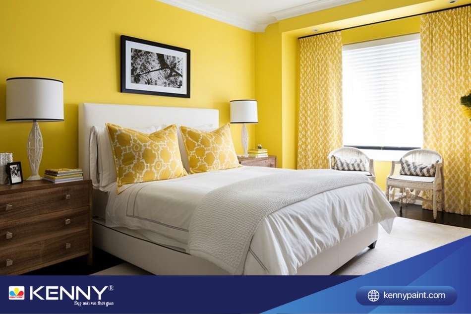 Sơn màu vàng chanh trên tường giúp tạo ra một điểm nhấn độc đáo và thu hút trong không gian phòng ngủ 