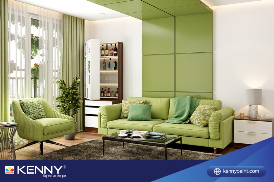 Bạn có thể chọn màu nền trắng làm chủ đạo và "điểm" thêm màu xanh cốm để căn phòng thêm tươi tắn