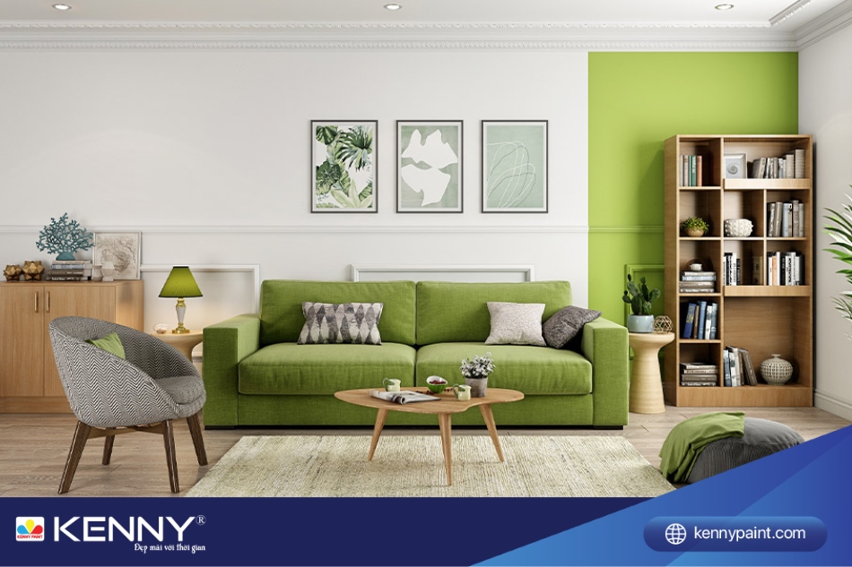 Phòng khách được sơn màu xanh cốm mang đến cảm giác gần gũi với thiên nhiên