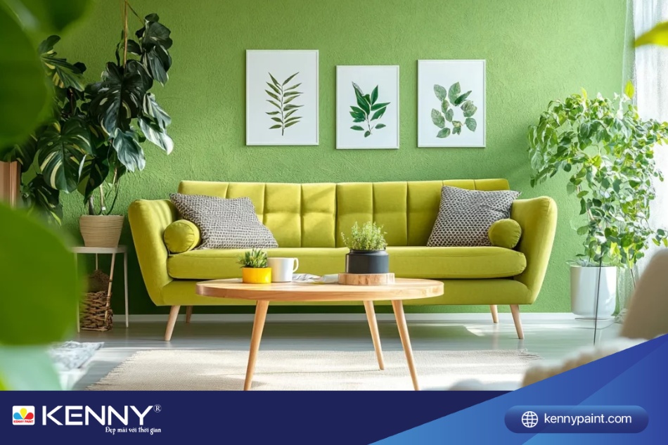 Màu xanh lá mạ mang đến không gian thoáng đãng, tươi mát, giúp kết nối không gian sống với thiên nhiên