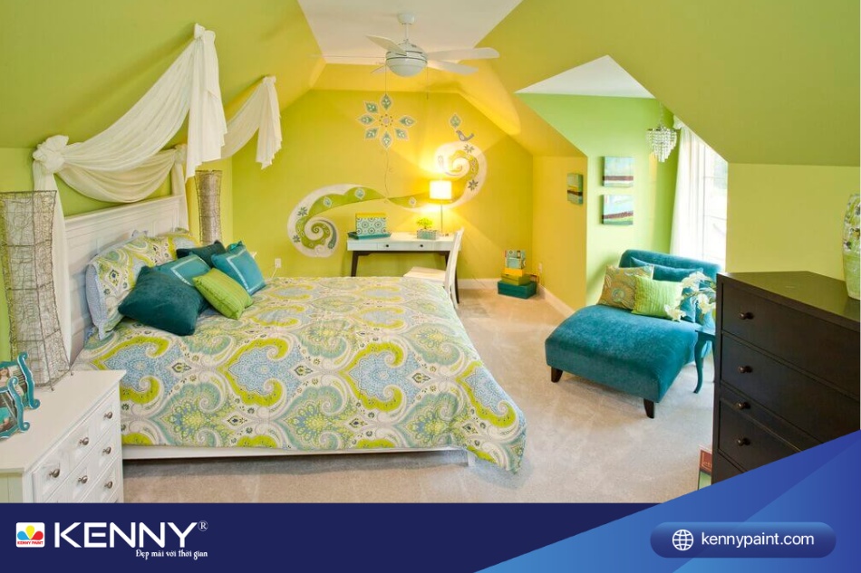 Phòng ngủ sơn tường màu xanh lá mạ mang lại sự dễ chịu