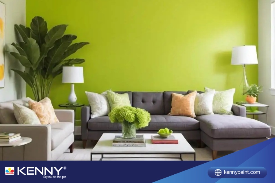Bộ ghế salon màu xám và tường màu xanh lá mạ