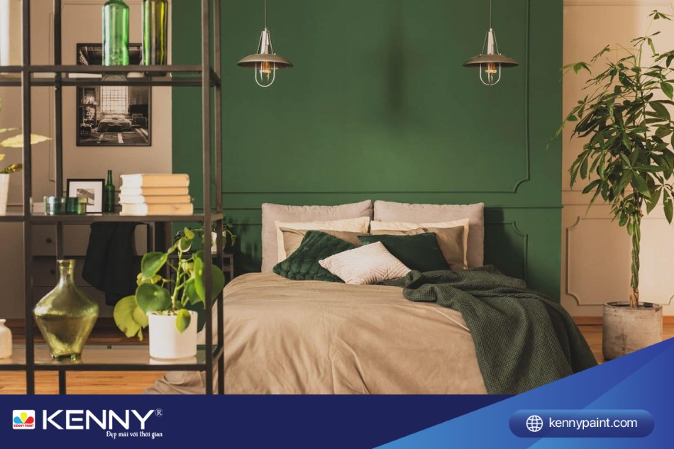 Phòng ngủ màu xảnh rêu tạo cảm giác ấm áp, bình yên