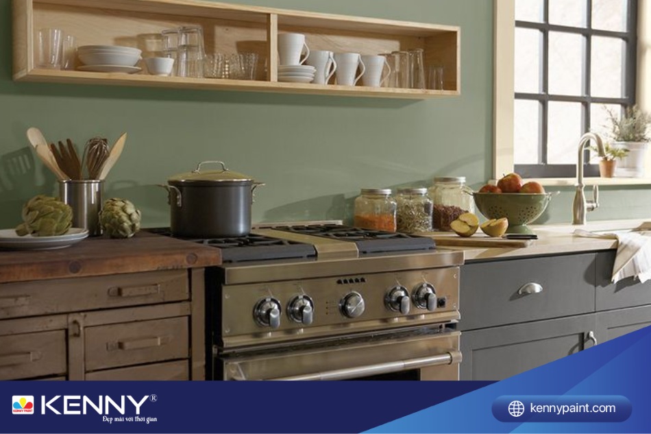 Phòng bếp ấm cúng khi được sơn màu xanh rêu