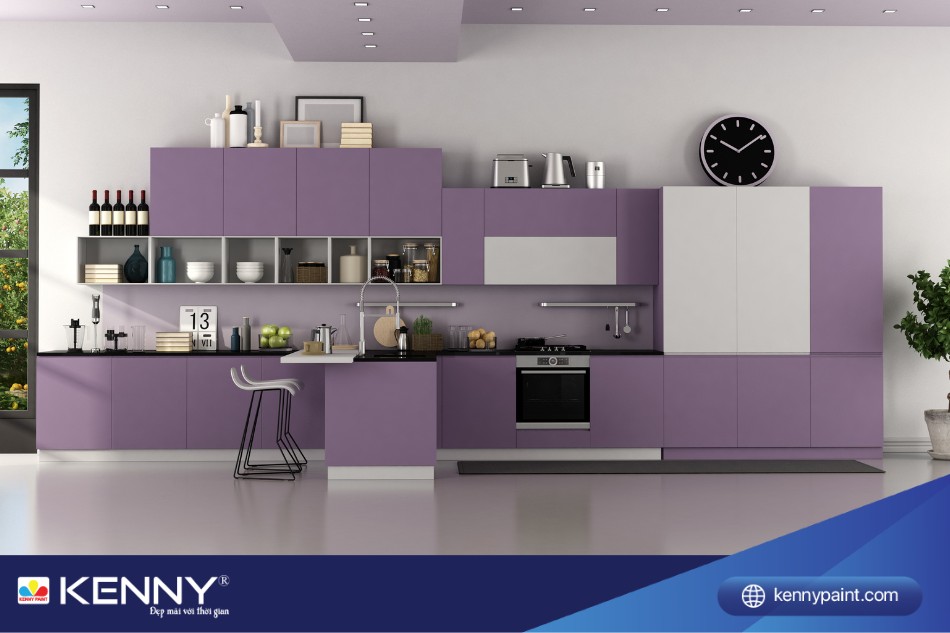 Nhà bếp màu tím khoai môn kết hợp với vật dụng tạo nên sự hài hòa, tươi mới