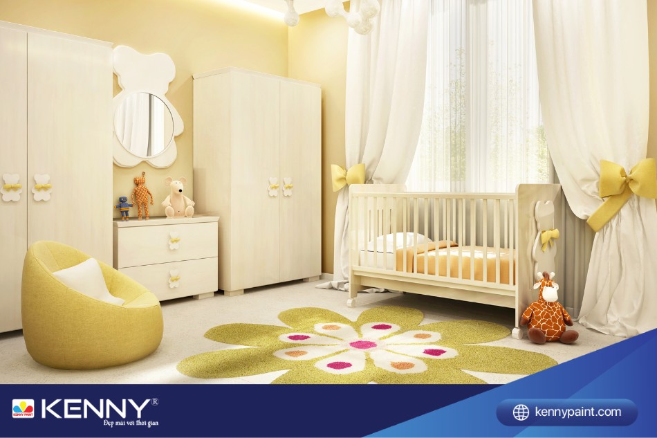 Phòng trẻ em sơn màu trắng ánh vàng giúp không giang sáng bừng