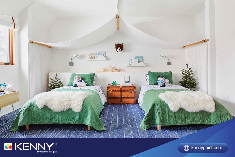 Phòng ngủ chung cho bố mẹ và con hai giường