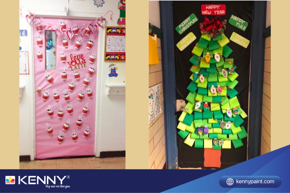 Ly nhựa và giấy là các vật phẩm tái chế giúp trang trí cửa lớp vô cùng đáng yêu