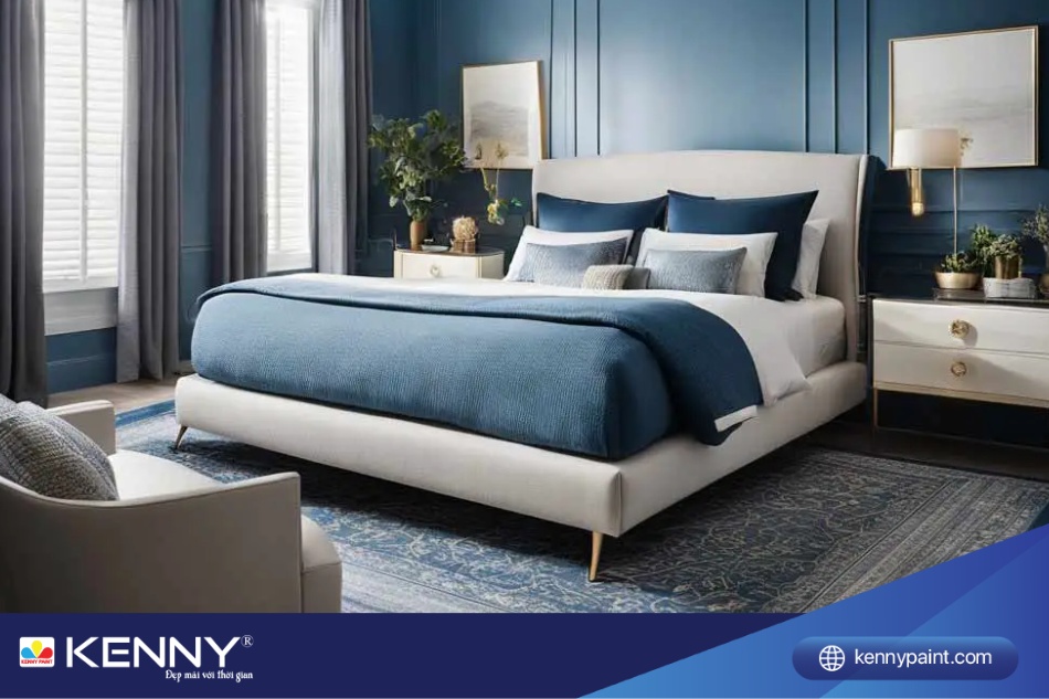 Tuổi Quý Hợi sơn nhà màu gì cho phòng ngủ? Sơn phòng ngủ màu trắng xanh nước biền nhẹ nhàng tinh tế, thư thái