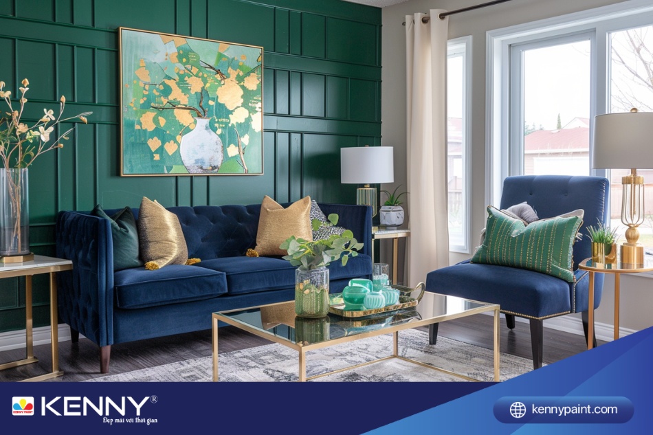 Gia chủ tuổi Tân Hợi có thể kết hợp sơn màu xanh lá cây với nội thất màu xanh dương cho phòng khách